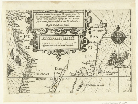 Kaart met de kusten van Peru en Brazilië, 1600, 1646, Rijksmuseum, RP-P-OB-80.29. Kaart met de kusten van Peru en Brazilië, 1600. In het midden twee cartouches met titel en schalen. Onderdeel van de illustraties in het verslag van de reis om de wereld door Olivier van Noort in 1598-1601. No. 12.