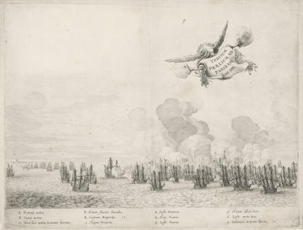 Part of an etching depicting a naval battle.