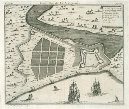 Plattegrond van het fort Negombo door Tetschner, Johann Carl en Heydt, Johann Wolfgang. Koperdruk, signatuur 2102 A 7, p. 172.