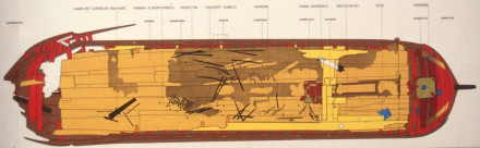 Een ingekleurde overzichtstekening van scheepswrak OK45, met aanduiding van de plaatsen waar verschillende objecten in het wrak werden aangetroffen.