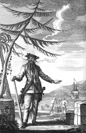 Engraving of Edward Teach, from 'Blackbeard the Pirate, Defoe, Daniel; Johnson, Charles (1736).