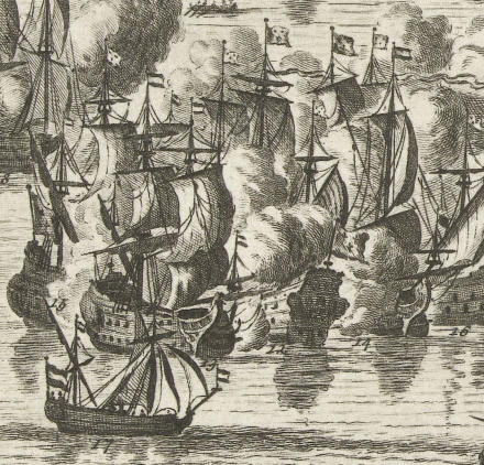 detail van. Zeeslag bij Agosta, 167. anoniem (vermeld op object), 1687 - 169. Zeeslag bij Agosta op 22 april 1676 tussen een gecombineerd Hollands-Spaanse vloot onder Michiel Adriaenszoon de Ruyter en een Franse vloot onder Abraham Duquesne. De Ruyter raakt bij dit gevecht dodelijk gewond. Op de achtergrond de berg Etna. In het onderschrift de legenda 1-46. Inventarisnummer RP-P-OB-82.446