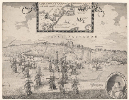 An etching of a naval battle in a bay.