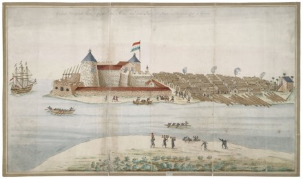 A painting of a fortress on the African coast, with a ship and several boats.