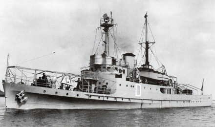 A black and white photo of the ship sailing.
