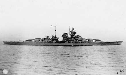 A black and white photo showing the ship from her port side.