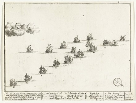 De afbeelding toont een historische tekening van een vlootformatie of zeeslag, mogelijk uit de 17e of 18e eeuw gezien de stijl van de schepen. De schepen hebben letters, zoals A, B, C, D, en H