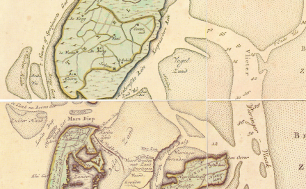 Detail of a coloured historic chart, showing the western Wadden Sea.
