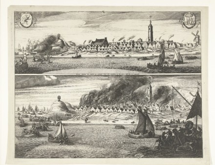 Zwart-wit tekening van een eiland waar veel rook vanaf komt, aan een water met schepen