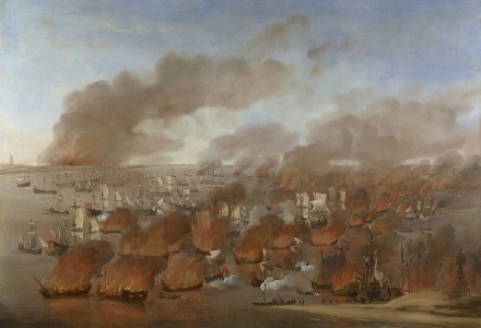 schilderij van een water vol schepen die in brand staan.