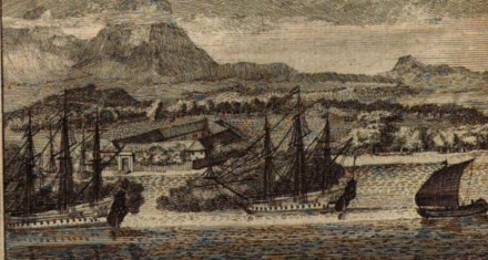 painting of ships on a river, with mountains in the background