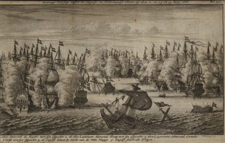 An engraving in black and white of the battle.