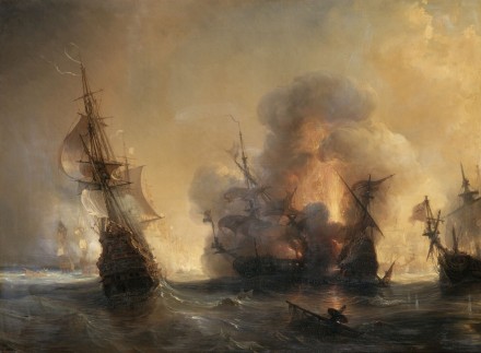 A painting in colour of a naval battle.