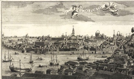 An etching of the city of Porto with the river.