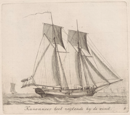 An etching of a two-masted vessel under sail.