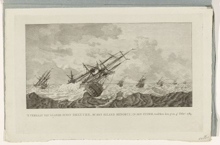 An etching of a capseized ship.