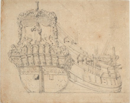 Een pentekening van een VOC schip van achter gezien.