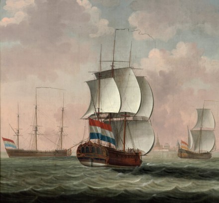 A painting of a ship under sail with the Dutch flag, seen from behind.