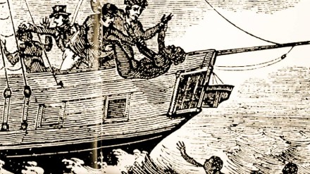 An engraving in black and white of white people throwing black people from the stern of a ship.