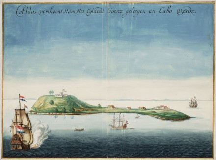 A watercolor of the island of Gor&eacute;e with sailing ships in the foreground.