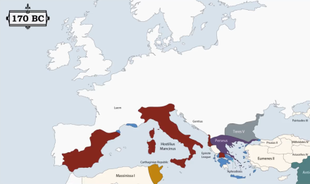 A map of Europe showing the Roman empire in several colours.