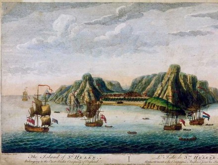 A coloured etching of a bay with ships in front of it.