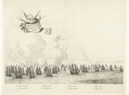 An etching of a naval battle with many ships and a lot of smoke.
