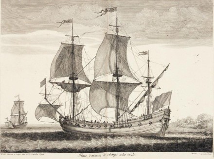 An etching of a three-masted ship.