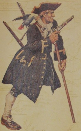 A drawin in colour of a pirate with crutches and a pistol.
