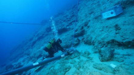 A diver working under water with a suction tube.