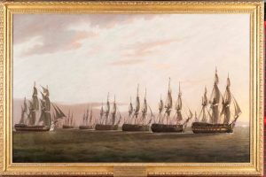 painting of a horizontal row of sailing ships